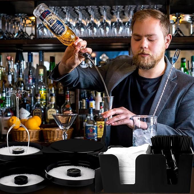 3 Tier Bar Glass Rimmer Bartender Tool Accessories with 12 Pcs Stainless Steel Liquor Pour Spout Garnish Caddy with 6 Compartment and 200 Pcs Napkin,500 Black Cocktail Straws
