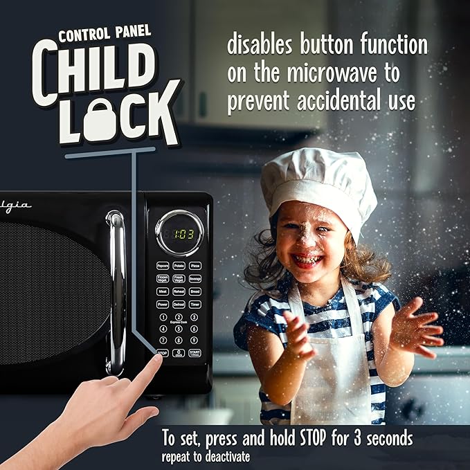 Nostalgia Retro Microwave Oven - 0.7 Cu Ft, 700-Watt Countertop Size with Glass Turntable, Child Safety Lock, 8 Auto-Cook Programs, Digital Clock - Black