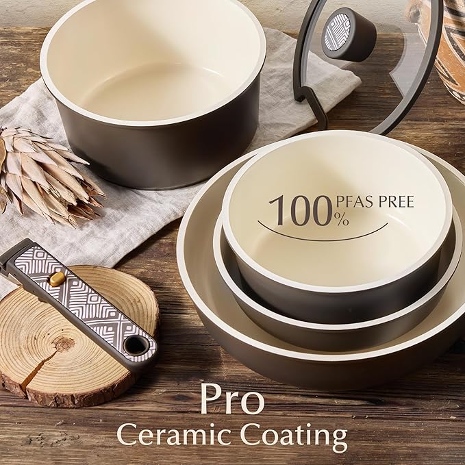 CAROTE 21-Piece Ceramic Cookware Set, Nonstick Pots and Pans Set with Detachable Handle, Non-Toxic Kitchen Cooking Set, Induction Compatible, Dishwasher & Oven Safe, Charcoal