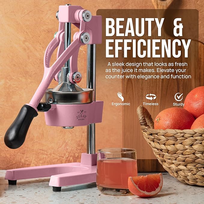 Zulay Kitchen Cast-Iron Orange Juice Squeezer - Heavy-Duty, Easy-to-Clean, Professional Citrus Juicer - Durable Stainless Steel Lemon Squeezer - Sturdy Manual Citrus Press & Orange Squeezer (Pink)