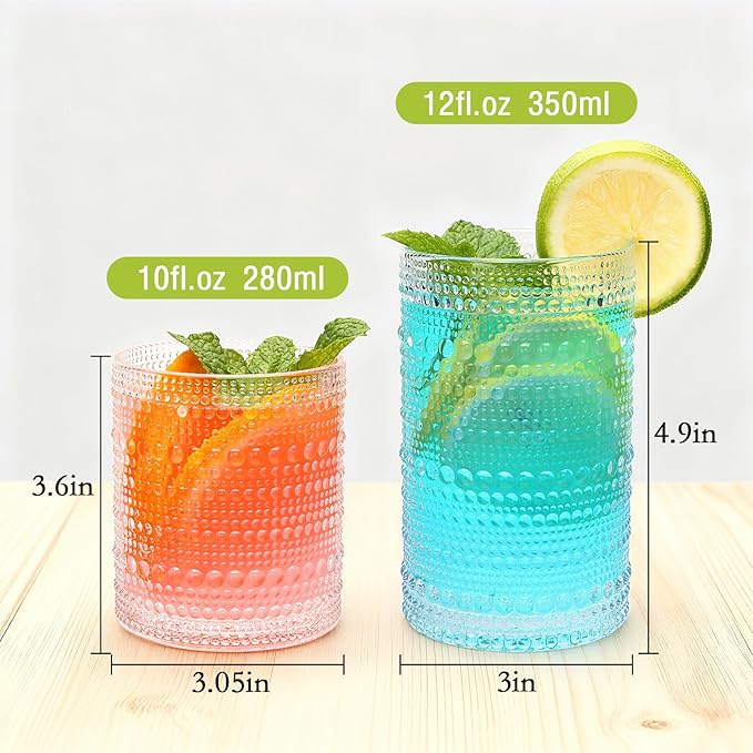 Hobnail Drinking Glasses Set of 12,12 oz Highball Glasses & 10 oz Cocktail Glasses,Clear Embossed Glass Cups,Kitchen Water Glass Cup,Bar Tumbler Glassware Set for Whiskey, Beer, Cocktail, Juice, Milk