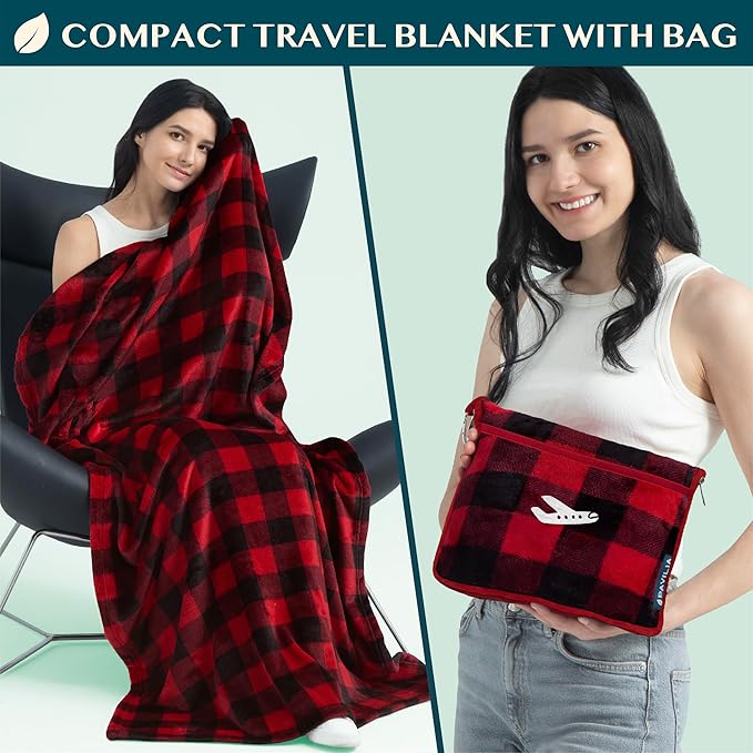 PAVILIA Travel Blanket Pillow, Airplane Blanket Set in Soft Bag with Pockets, Plane Blanket Compact Packable, Flight Essentials Car Pillow, Travelers Accessories Gifts, Luggage Strap, Plaid Red