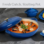 CAROTE 3.4QT Enameled Cast Iron Braiser Pan, Shallow Dutch Oven Casserole Skillets, Non-Toxic Cast Iron Pot with Lid for Grilling, Searing, Baking, Dual Handles, All Stovetop Compatible, Blue