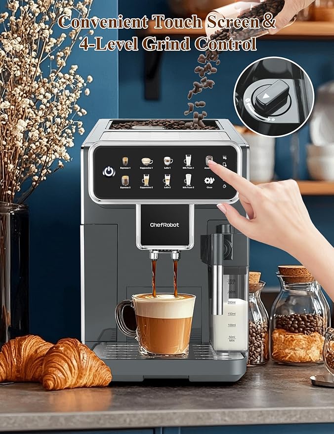 Automatic Espresso Machine Coffee Maker 12 Cup with Grinder Cappuccino Latte Americano Machine with Milk Frother for Home/Office (Gray)