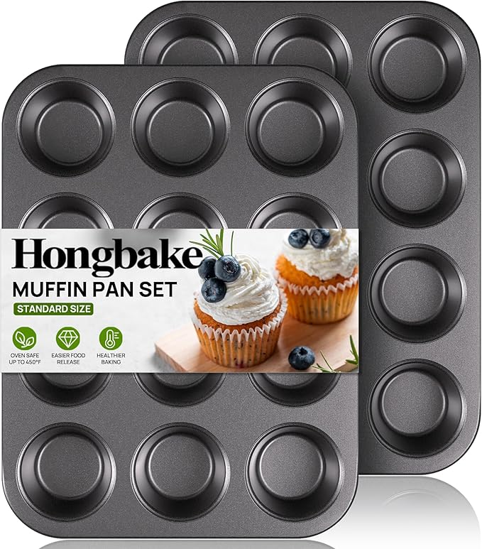 HONGBAKE Non-Stick Muffin Pans 12 Cup, Carbon steel Cupcake Pan for Baking, 2 Pack Non toxic Health Muffin tin -Dark Grey