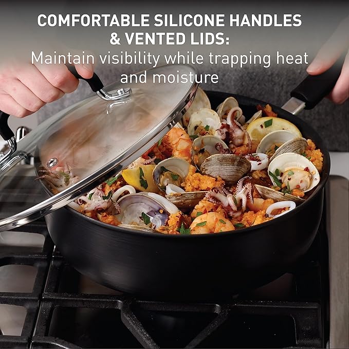 T-fal Ultimate Hard Anodized Nonstick Cookware Set 12 Piece, Oven Broiler Safe 400F, Lid Safe 350F, Kitchen Cooking Set w/Fry Pans, Saucepans, Dutch Oven, Pots and Pans, Dishwasher Safe, Onyx