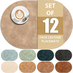 ADRIMER Placemats, Heat Resistant Oval Place Mats Set of 12 Washable 12 x 17 Inch, Waterproof Table Mats Set of 12, Wipeable Faux Leather Placemats for Kitchen, Dining Room, Apricot