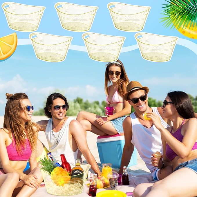 meekoo 6 Pcs Plastic Ice Buckets Bulk with Handles 4.5L Oval Storage Tub Large Capacity Ice Drink Bucket for Party Bar Wine Beer Champagne Beverage Bottle Cooler (4.5 L,Gold)