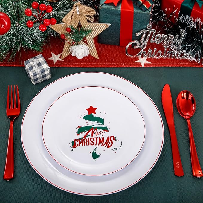 NOCCUR 60PCS Christmas Plates - Include 30 Dinner/Dessert Plastic Plates with Red Christmas Trees, Serve for 30 Guests