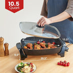 Elite Gourmet EG-6203X Extra Deep 16"x13"x3.2" (10.5Qt.) Scratch Resistant, Easy Pour Spout, Dishwasher Safe, Non-stick Electric Skillet with Vented Glass Lid, Adjustable Temperature, Black
