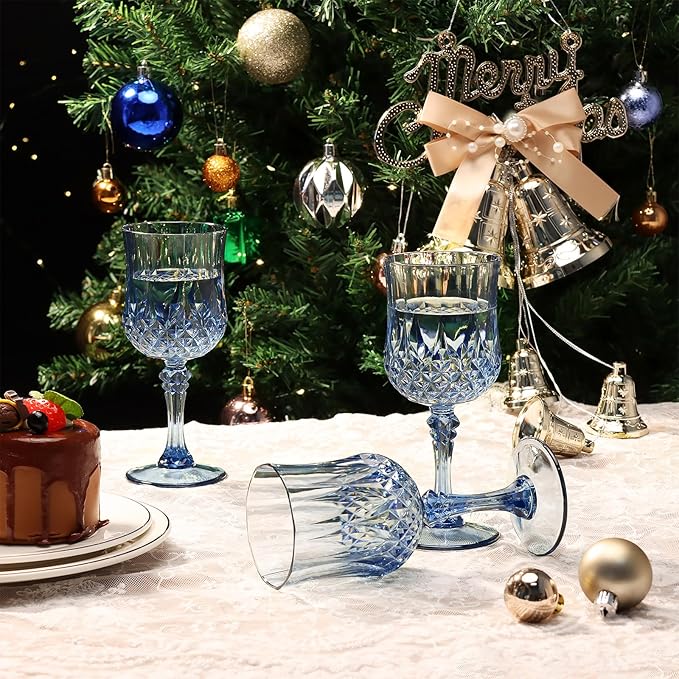 XUWAIDSGN 24 Pcs 7oz Plastic Vintage Wine Glasses Drinking Glasses Unbreakable Wedding Glassware Crystal Water Goblets Reusable Drinkware Vintage Champagne Flutes (24, Blue)