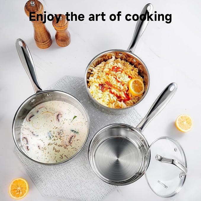 SLOTTET 1Qt & 2Qt Stainless Steel Sauce Pan Set with Lid,4 Pcs Non Stick Saucepan,Small Kitchen Pots,Induction Compatible,PFOA FREE