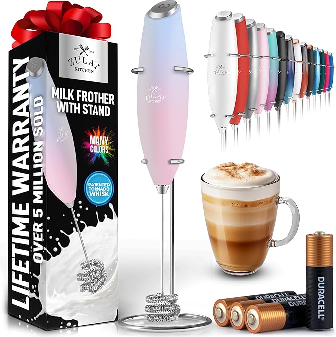 Zulay Kitchen Patented Tornado Triple Whisk Milk Frother with 4 Duracell Batteries – Handheld Foam Maker for Coffee, Lattes, Matcha & Hot Chocolate – Rich, Creamy Froth in Seconds - Orchid