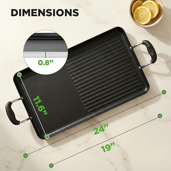 NutriChef 24" Stove Top Griddle Pan, Nonstick Double Burner Grill & Griddle Combo, Ridged & Flat Surfaces, Suitable for Frying & Searing, Cool-Touch Handles, Easy to Clean, Black