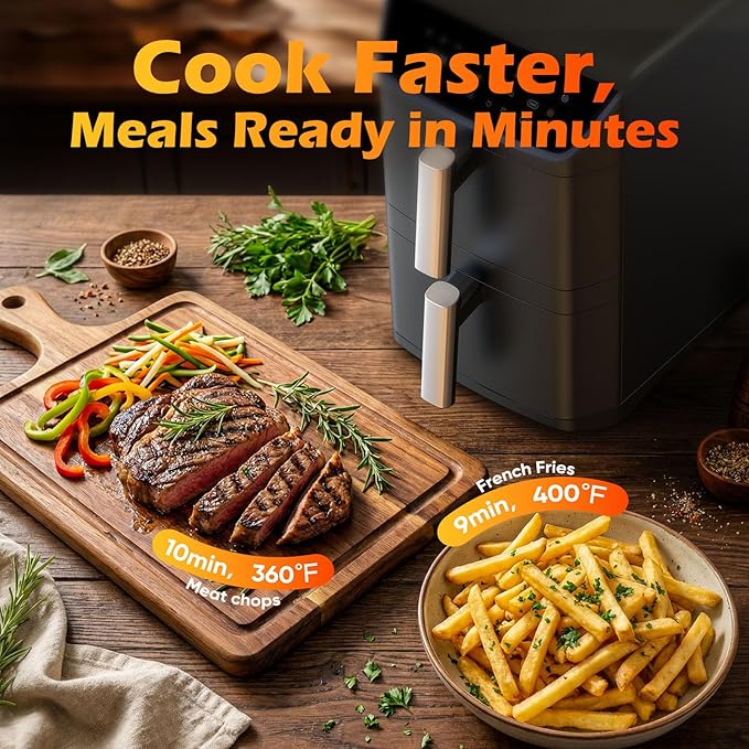 Dual Basket Air Fryer, 12.6QT Family-Size for 10–12 People, XL Basket for 6LB Whole Chicken, DoubleStack Compact Design, 10-in-1 Functions with Reheat, Dehydrate & SyncFinish, Dishwasher-Safe, Black