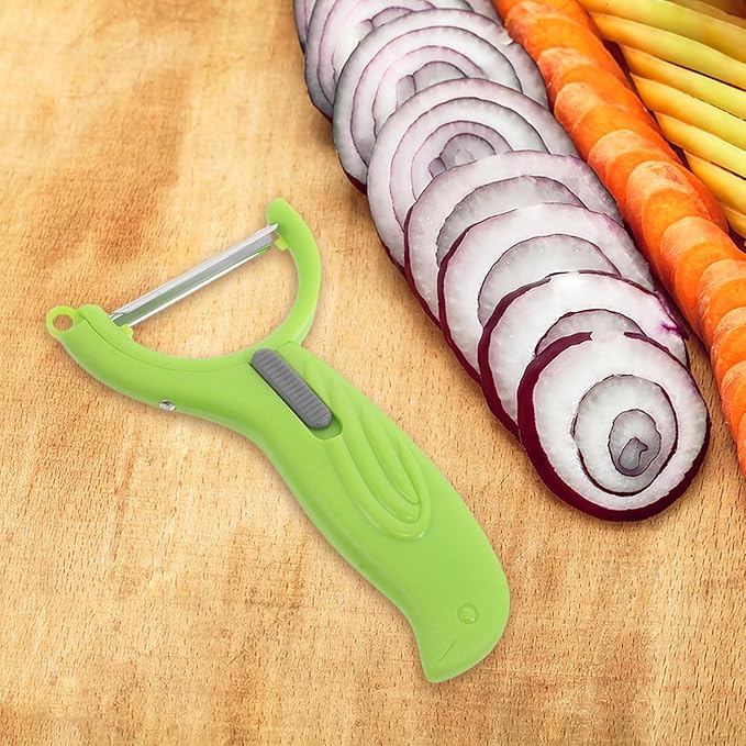 Abaodam 3pcs Rotating Multi-function Vegetable Fruit Peeler Set with Stainless Steel Blades for Peeling Slicing and Grating Kitchen Use in Khaki Blue and Green