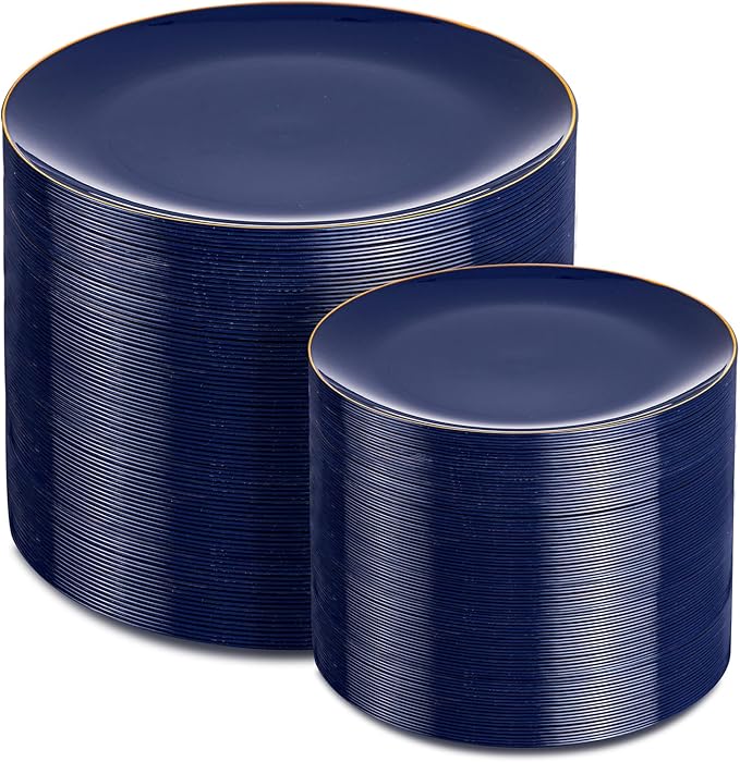 PULOTE 200 Pieces Blue Plastic Plates - Navy Blue and Gold Disposable - Include 100PCS 10 inch Dinner & 100PCS 7 inch Dessert Plate for Party & Hanukkah