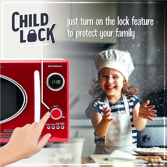 Nostalgia Retro Countertop Microwave Oven, 0.9 Cu. Ft. 800-Watts with LED Digital Display, Child Lock, Easy Clean Interior, Cu.Ft, Red