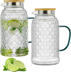 Buaic 2 PACK Glass Pitcher with Bamboo Lid, 68 oz/2L Vintage Water Pitcher, Clear Borosilicate Glass Water Carafe for Cold Brew, Coffee, Lemonade, Iced Sun Tea,Beverage, Heat Resistant Water Glass Jug