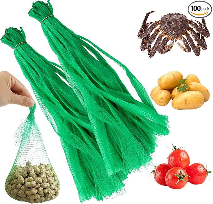 100Pcs Produce Mesh Bags,20 Inch Seafood Boil Bags Packing Supplies Net,Reusable Mesh Nylon Netting Bulk Storage Bag for vegetables Storage Fruits Seafood and Other Agricultural Products(Green)