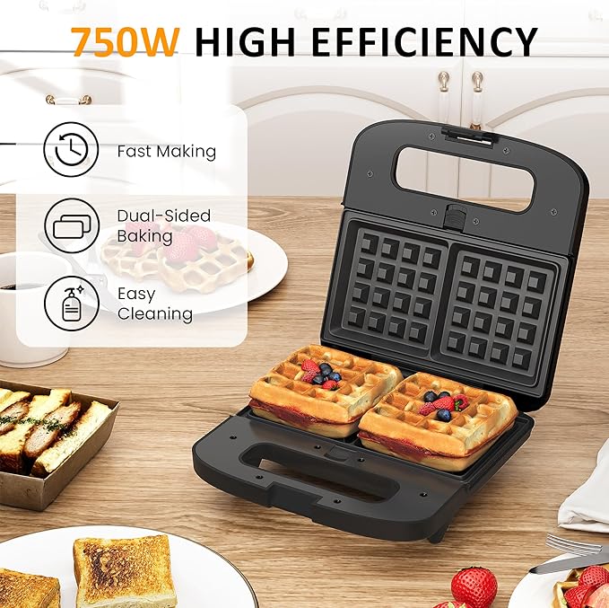 Sunvivi 3 in 1 Electric Sandwich Maker: Panini Press Grill and Waffle Iron Set, Grill and Sandwich Press with Removable Non-Stick Plates, Indicator Lights & Cool Touch Handle, 800W, Silver