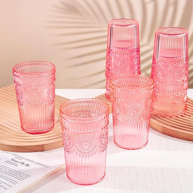 Ciaell 12 Pack Romantic Plastic Water Glasses - 14 Oz Pink Vintage Drinking Glasses, Embossed Ribbed Plastic Cups, Textured Striped Set for Juice, Beverages, Beer, Cocktail & Mother's Day