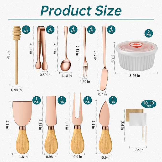 Charcuterie Boards Accessories Bowls with Lids, Cheese Butter Spreader Knife Set Mini Serving Tongs, Forks, Spoons,Dipping Bowls, Toothpick Flags, Honey Dippers For Party Platter Making (Rose Gold)