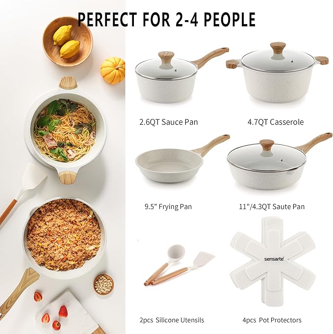 SENSARTE Nonstick Ceramic Cookware Set, 13-Piece Non-toxic Pots and Pans Set, Healthy Kitchen Cooking Set with Stay-Cool Handles, Silicone Tools and Pot Protectors, PFAS Free