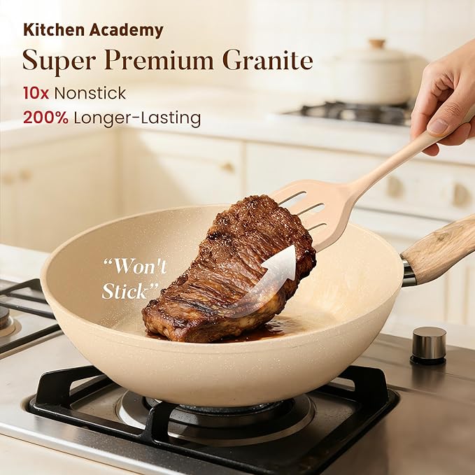 Kitchen Academy 12-Piece Induction Cookware Set, Nonstick Granite Pots and Pans in Beige