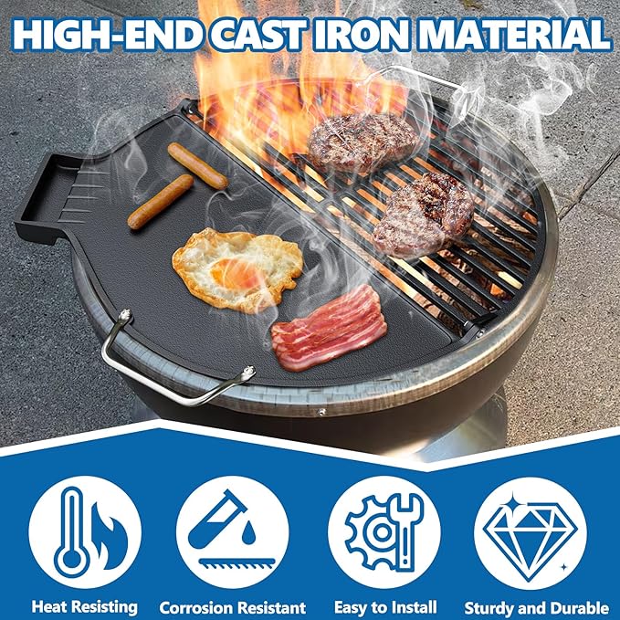 SafBbcue Cast Iron Griddle & Grate for Weber 22" Kettle Charcoal Grill Accessories, Foldable Cooking Grate & Griddle for Cuisinart CHA-830 Cleanburn Fire Pit Cook Top, Outdoor Campfire BBQ Parts