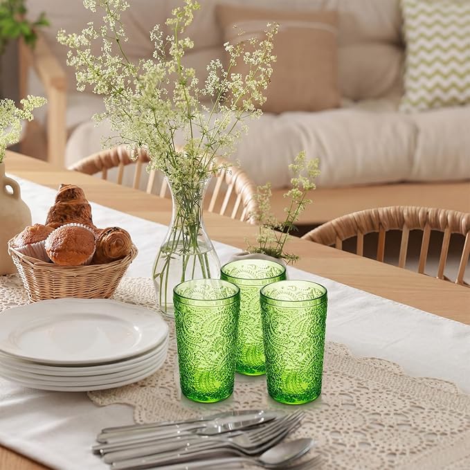 Reallnaive Green Drinking Glasses Set of 8, Boho Aesthetic Vintage Glassware Fern Paisley Carving Textured Tumbler Water Cups Embossed Pattern Drinkware Cocktail Set for Xmas Gifts(13 oz,Highball)