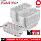 Stock Your Home 2 Lb Aluminum Foil Mini Loaf Pans (50 Pack) Disposable Small Loaf Pan – 2 Pound Baking Tin Liners, Perfect to Bake Cakes, Bread Loaves, and Meat - 8.5 x 4.5 x 2.5