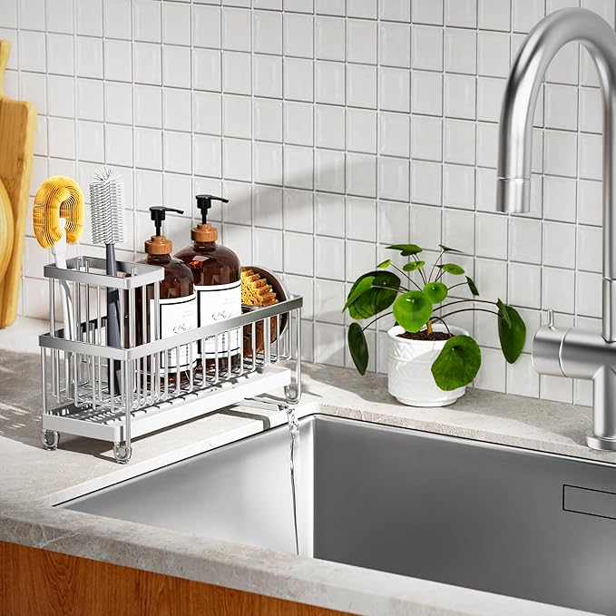 Cisily Sponge Holder for Kitchen Sink, Sink Caddy Organizer with High Brush Holder, Kitchen Countertop Organizers and Storage Essentials, Rustproof 304 Stainless Steel (Silver, 10.62″)