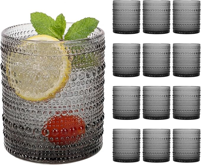 Moretoes Hobnail Drinking Glasses Set of 12,10 Oz Cocktail Glasses Vintage Glassware, Textured Glass Cups Bubble Glasses Water Glasses Old Fashion Jupiter Glasses Set (Gray)