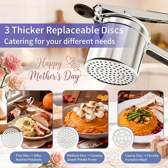 Potato Ricer, Ricer for Mashed Potatoes, 3 Interchangeable Discs Potato Masher Stainless Steel for Fluffy Mashed Potatoes, Heavy Duty Spaetzle Maker with Silicone Handle, for Gnocchi Spaghetti