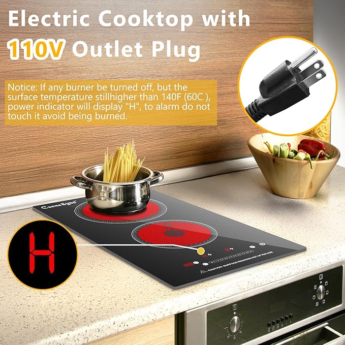 2 Burner Electric Cooktop, 12 Inch Electric Stove Top with 9 Power Levels, Touch Control, Timer, Child Lock and Residual Heat Warning, Ideal for Countertop & Built-In Use (110-120V)