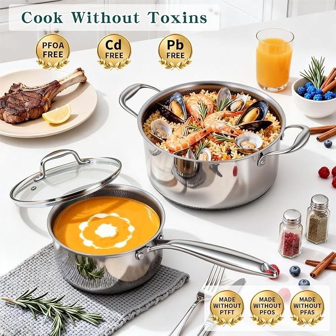 Yoehka 14-Piece Hybrid Stainless Steel Cookware Set, Non-Stick Pots and Pans Set with 3 Silicone Trivets | Induction Compatible Frying Pans, Saucepans, Saute Pan & Stock Pot | Oven Dishwasher Safe