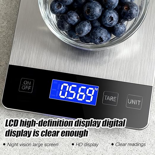 Food Kitchen Scale, 33lb Food Scale Precisely Measures Grams and Ounces for Baking and Cooking, 304 Stainless Steel Kitchen Scale for Food with LCD Display, Batteries Included