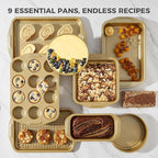 HONGBAKE 9-Piece Non Stick Baking Pans Set with Wave Texture for Reduced Oil, 0.8mm Thick Non Toxic Bakeware Sets, Includes Stackable Cookie Sheets for Oven Cooking, Cake Pan, Muffin Pan, Gold