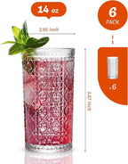 Vintage Hexagon Gemstone Pattern Drinking Glasses Set of 6, 14 oz Embossed Tall Water Glasses, Clear Thick Glass Cups for Juice, Iced Coffee, Beer, Home & Party Use