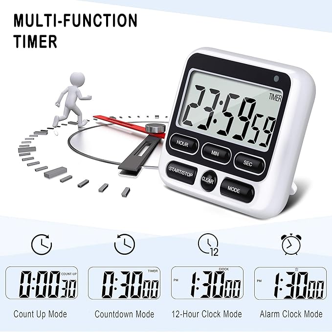 KTKUDY Digital Kitchen Timer with Mute/Loud Alarm Switch ON/Off Switch, 12-Hour Clock & Alarm, Memory Function Count Up & Count Down for Kids Teachers Cooking, Large LCD Display, Strong Magnet (Black)