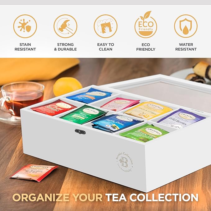Tea Bag Organizer - White Bamboo Tea Box Organizer Storage Box, Tea Bag Holder with Acrylic Window, Magnetic Lid Keeps Tea Bags Fresh - Tea Organizer Caddy (Tea Not Included) Christmas Gift