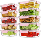 10 Pack Borosilicate Glass Meal Prep Containers with Locking Lids, Glass Food Storage Containers Set, Airtight Lunch Bento Boxes, BPA-Free & Leak Proof, 36oz & 14oz, Freezer, Oven Safe-Pink