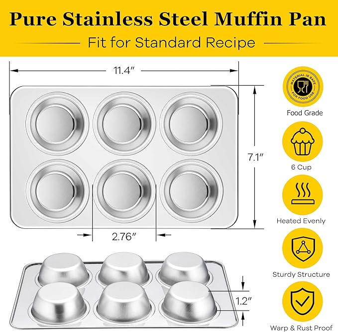 Homikit 2 Pack Muffin Pan, Stainless Steel Cupcake Baking Tin with 6 Cups Regular Size, 11.4 x 7 Inches Metal Egg Bites Tray for Toaster Oven, Rust Free & Non Toxic, Easy Release & Dishwasher Safe