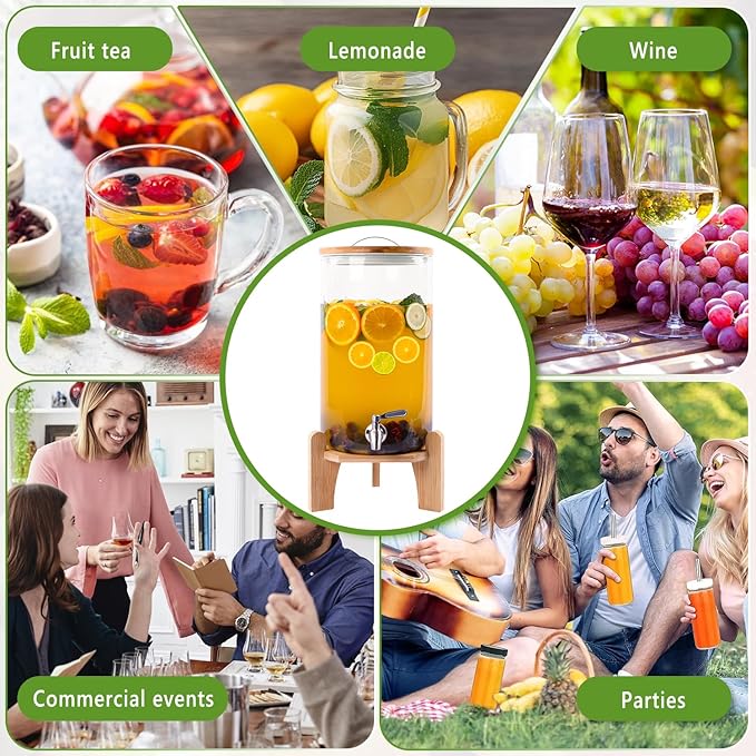2.9 Gallon Drink Dispenser, Glass Beverage Dispenser with Wood Stand, Lemonade Dispenser with Airtight Valve and Stainless Steel Spigot Fruit, Thick Drink Dispenser for Parties Restaurants Hotels