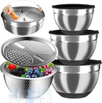 Nicdiet Mixing Bowls with Airtight Lids, Stainless Steel Mixing Bowl Set with 3 Metal Nesting Bowls, Colander & Grater, Non-Slip Bottoms, Size 1.5, 2.5, 5 QT, Great for Mixing & Serving, Black