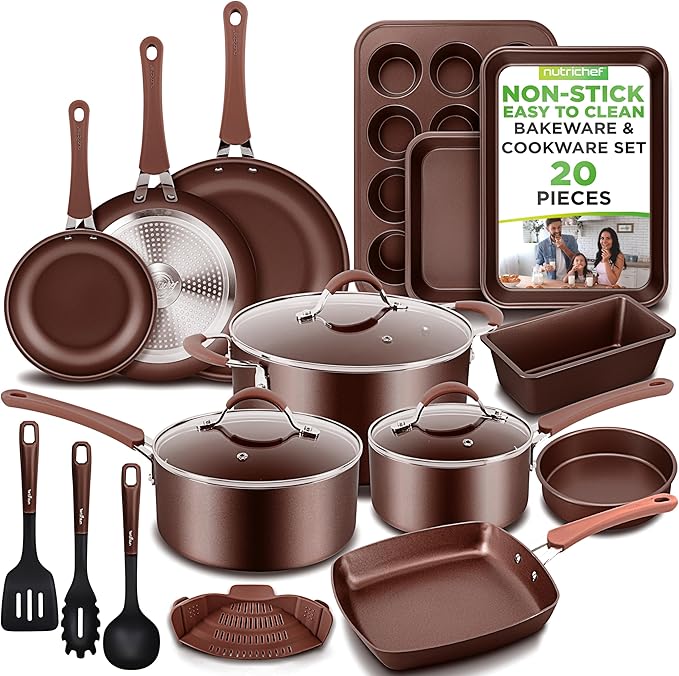 NutriChef 20 Piece Professional Home Kitchen Cookware and Bakeware, Pots and Pans Set Non Stick Kitchenware, Cool-Touch Handles, Safe for Gas, Electric, Induction Cooktops, Easy Clean, Brown