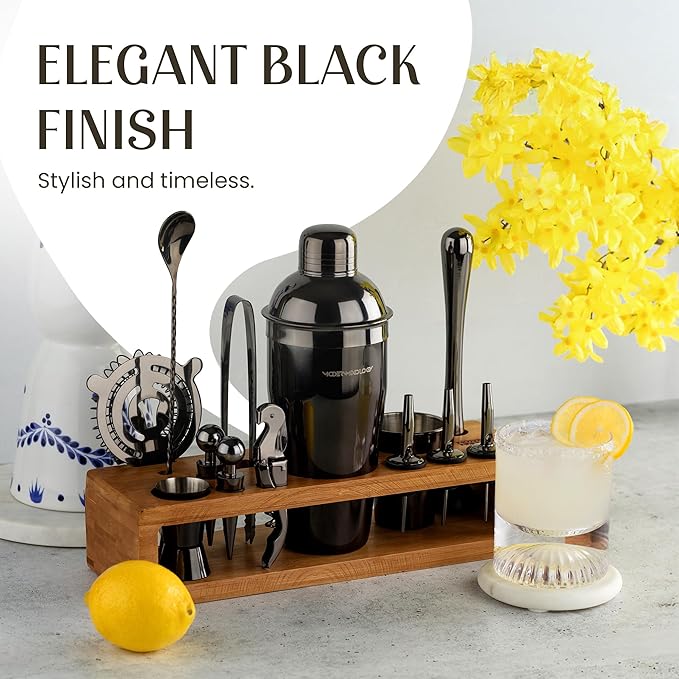 Modern Mixology 21-Piece Cocktail Shaker Set with Stand | Complete Cocktail Kit Gift Set | Top Bartender Gifts for Men & Women | Portable Bar Tools (Black, Brown Stand)