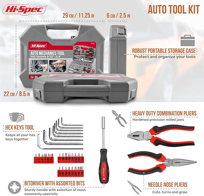 Hi-Spec Tools 67pc SAE Auto Mechanics Hand Tool Kit Set. Complete Car, Motorcycle, Engine & Garage Repairs with Sockets, Ratchet Wrench, Pliers & More