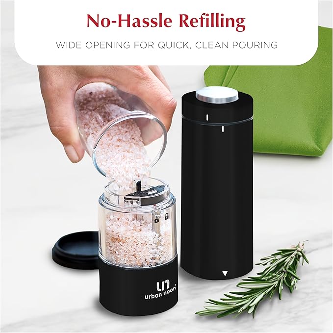 Electric Salt and Pepper Grinder Set - Battery Operated Stainless Steel Mill with Light (2 Black Mills) - Automatic One Handed Operation - Electronic Adjustable Shakers - Ceramic Grinders